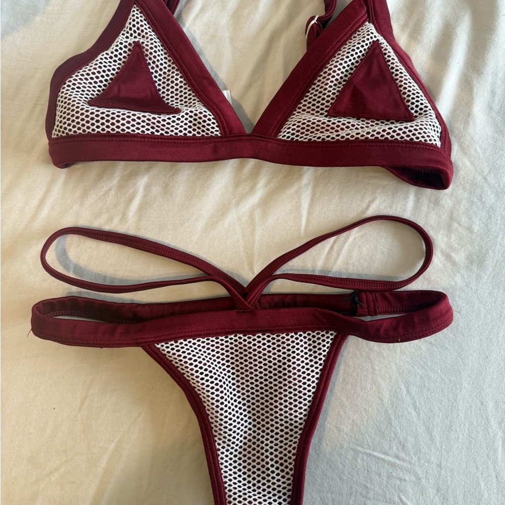 Burgundy and White Mesh Bikini Set
